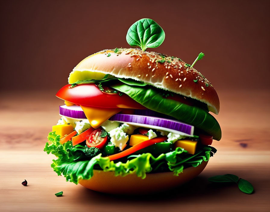 Colorful Veggie Burger with Fresh Ingredients and Basil Leaf