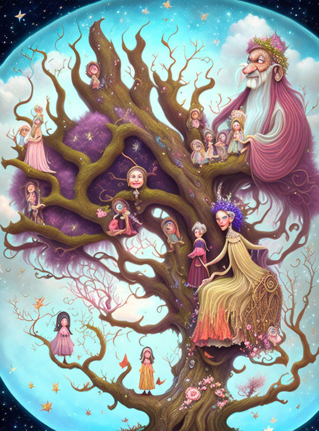 Illustration of whimsical tree and fairy-like beings at night