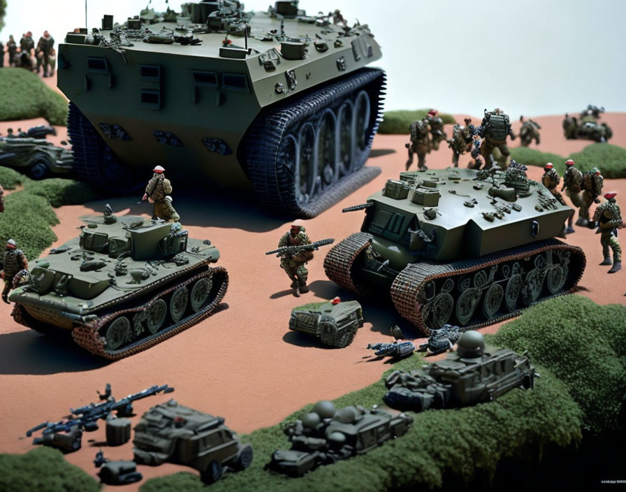 Detailed Military Diorama Featuring Model Soldiers and Armored Vehicles