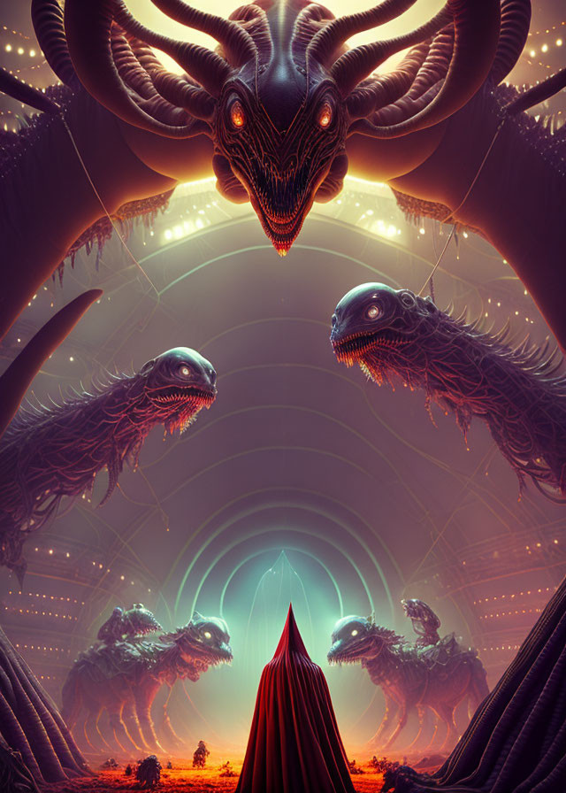 Fantastical scene: Multiple dragon-like creatures, robed figure, glowing light, grand architecture