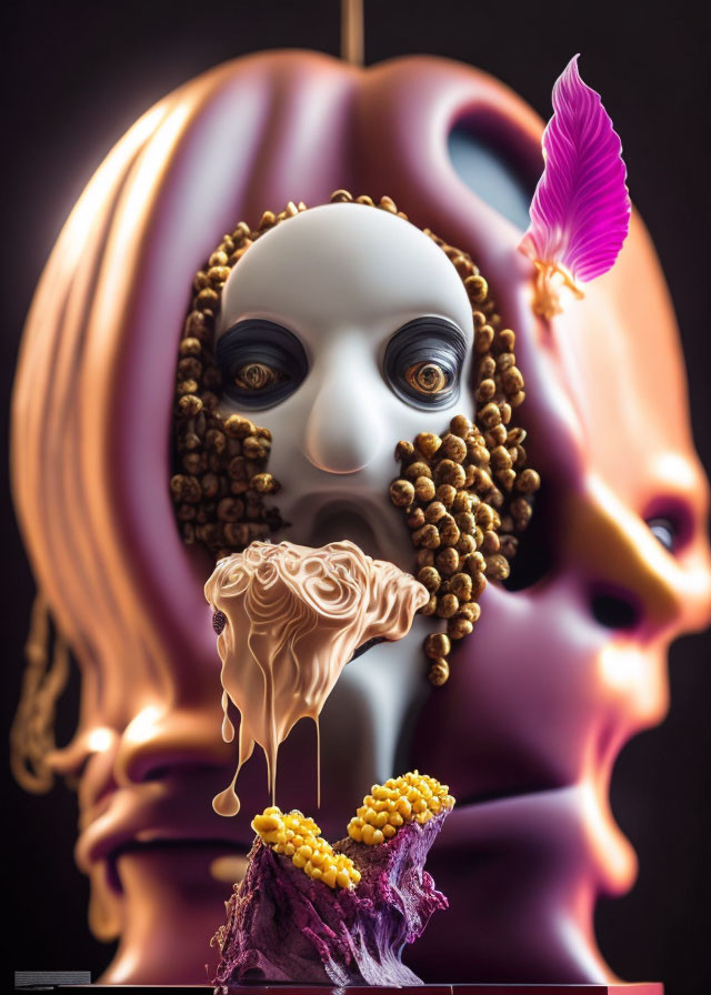 Surreal face art with melting features and coffee bean hair on dark background