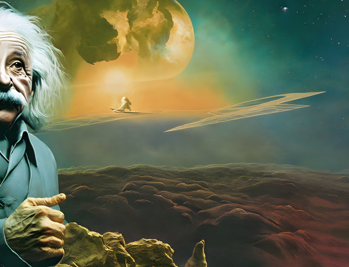 Surreal composite image featuring Albert Einstein and fantasy space vista