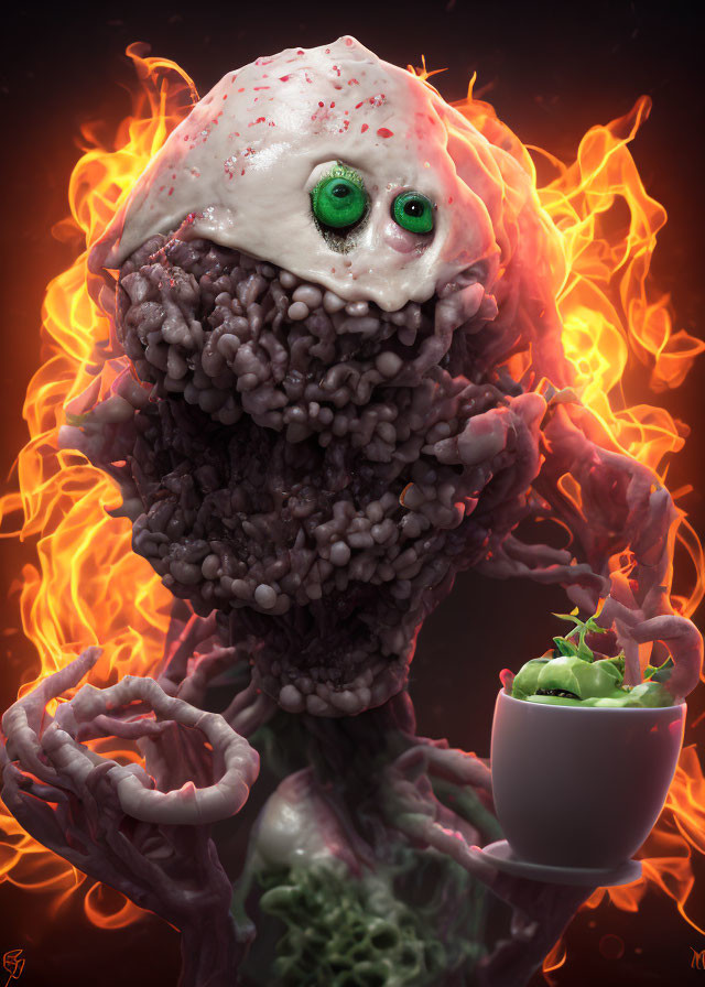 Surreal creature with green eyes and textured body in fiery background holding a small plant