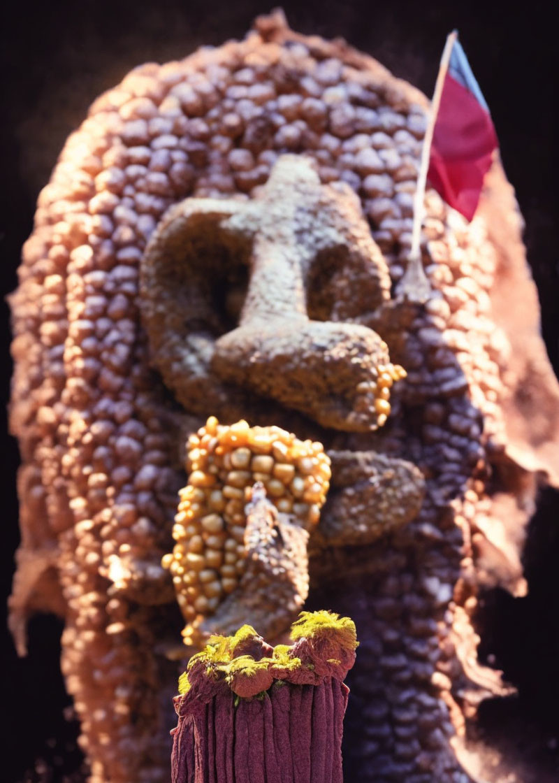 Surreal textured face sculpture on stump with red flag