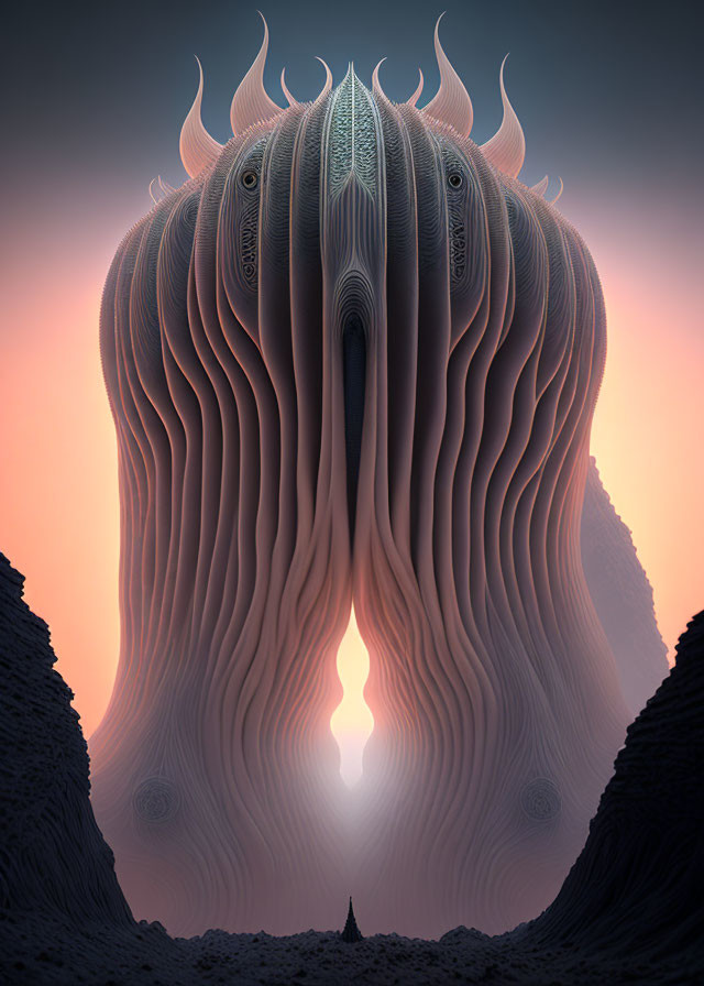 Surreal digital artwork: towering entity with tentacle-like structures in dusky sky