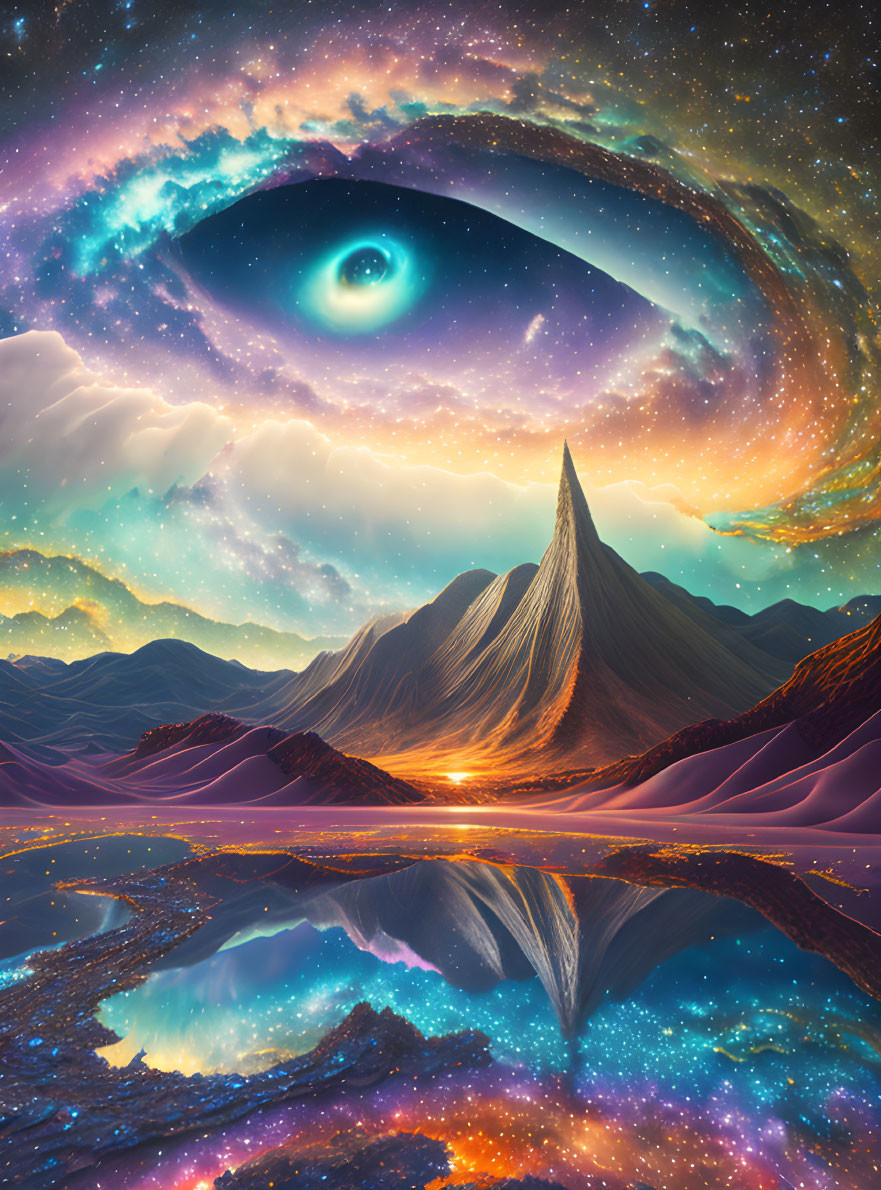 Surreal landscape with giant eye-shaped galaxy over mountain peaks