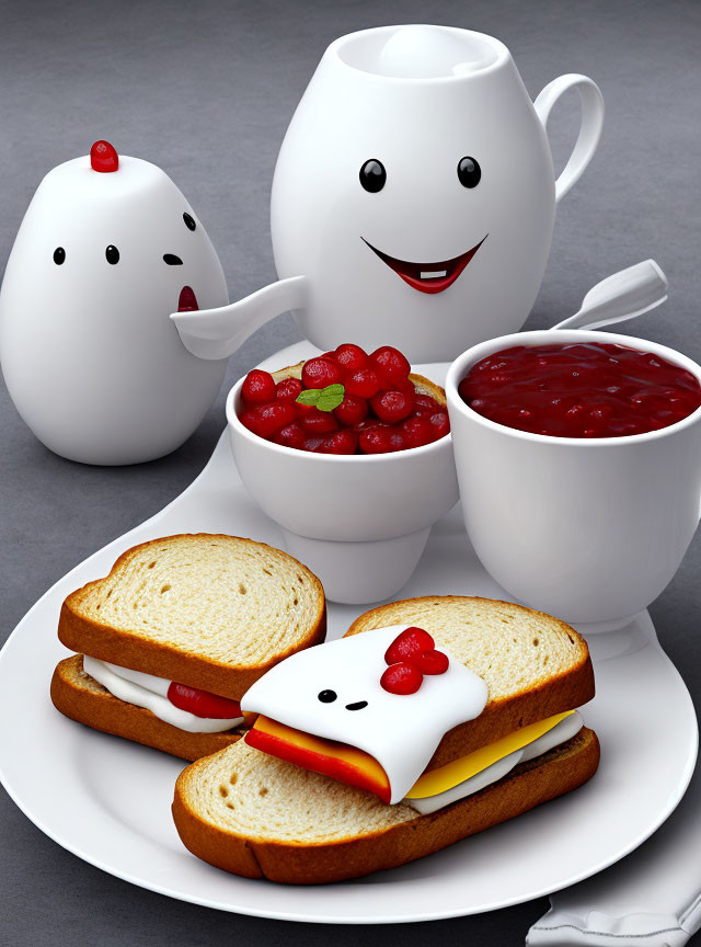 Whimsical anthropomorphic breakfast set with smiling sandwich plate