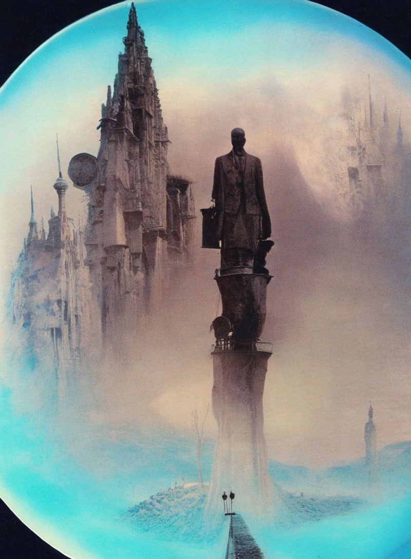 Surreal landscape with towering statue and floating structures