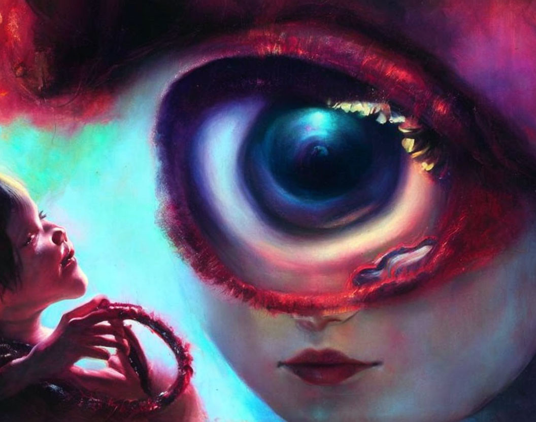 Vibrant painting of large eye with purple and blue hues