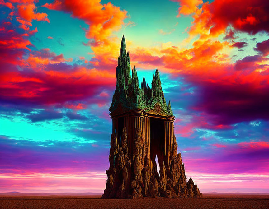 Fantastical crystal castle in desert landscape under vibrant sky