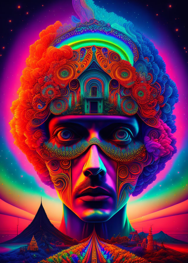 Colorful Psychedelic Portrait with Brain-Like Headpiece & Starry Background