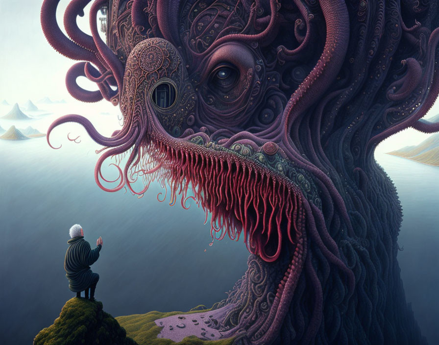 Intricate tentacled creature and surreal landscape with mountains