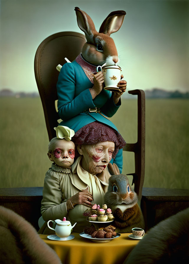 Anthropomorphic rabbit in suit at surreal outdoor tea party with squirrel and beings in old-fashioned attire