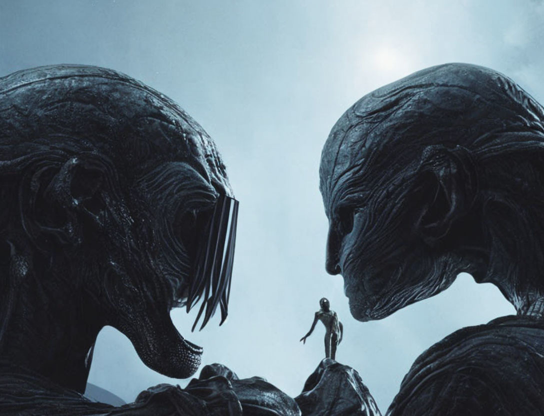 Human standing between two large alien figures under blue-tinted sky