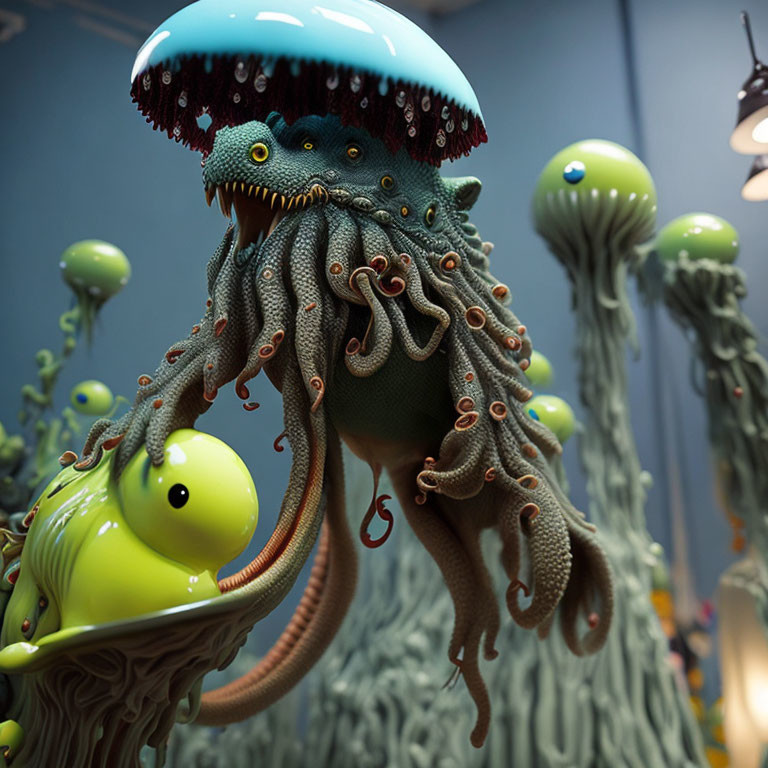 Fantasy creature with tentacles and mushrooms in vibrant 3D render