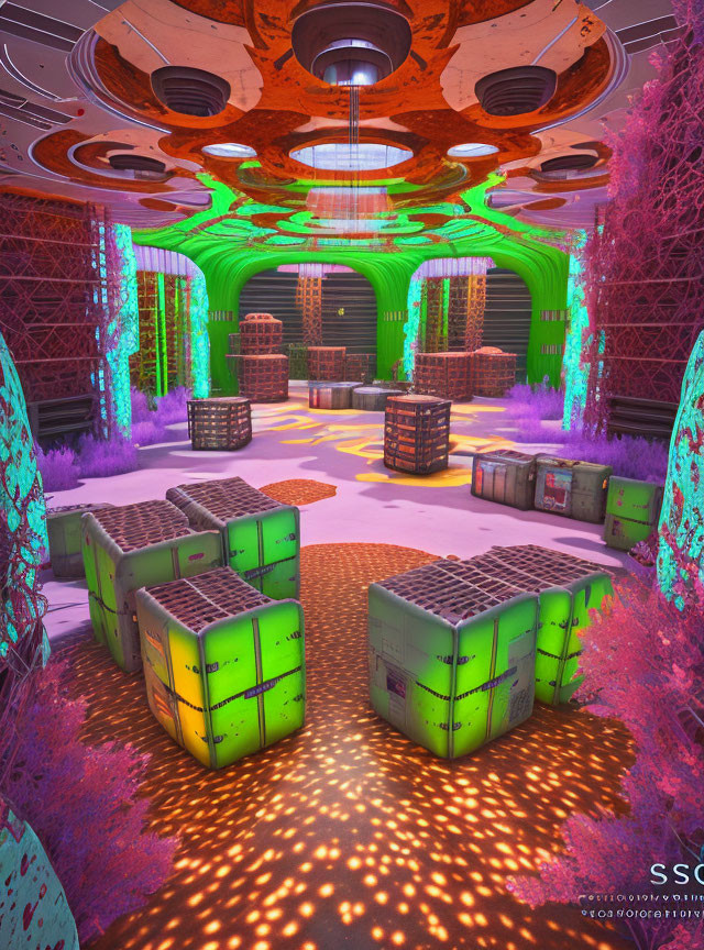 Futuristic storage room with neon lights and glowing containers