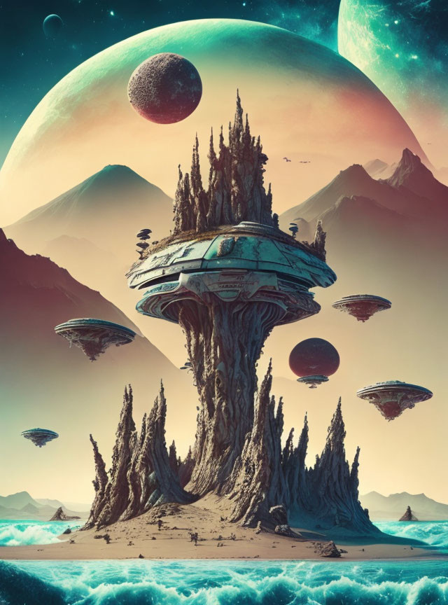 Sci-fi landscape with flying saucer-like structure on tall spire