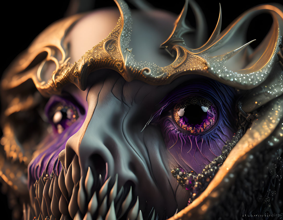 Intricate gold detailed decorative skull with purple bejeweled eye sockets