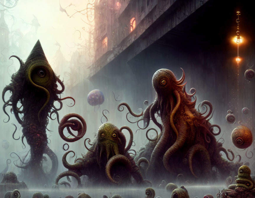 Surreal octopus-like creatures with stalked eyes in misty landscape.