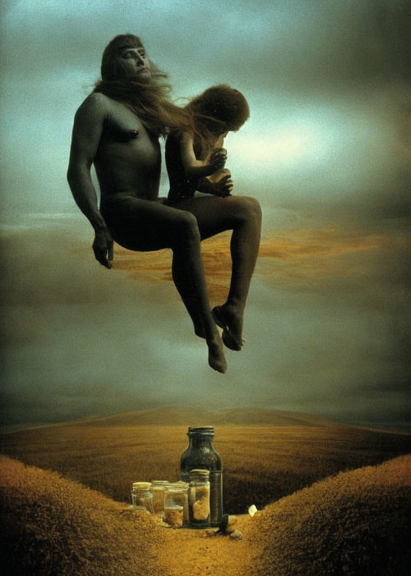 Surreal painting of naked humanoid and animal-like figure floating above path with jars