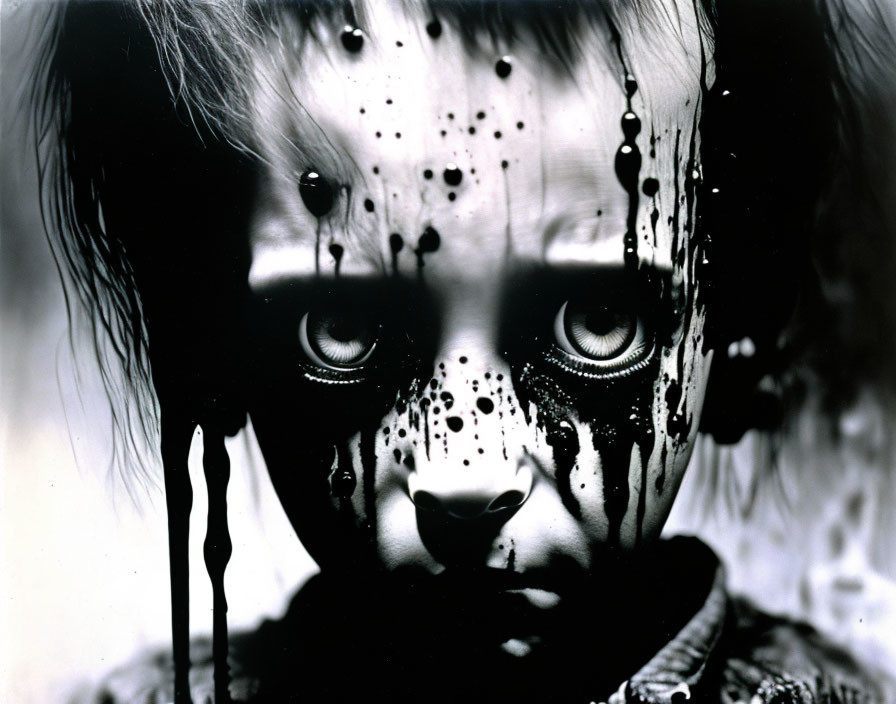 Monochrome image of eerie doll with hollow eyes and dark liquid.