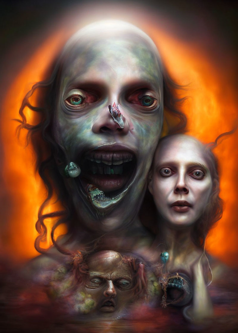 Surreal portrait of three ghoulish faces against fiery backdrop