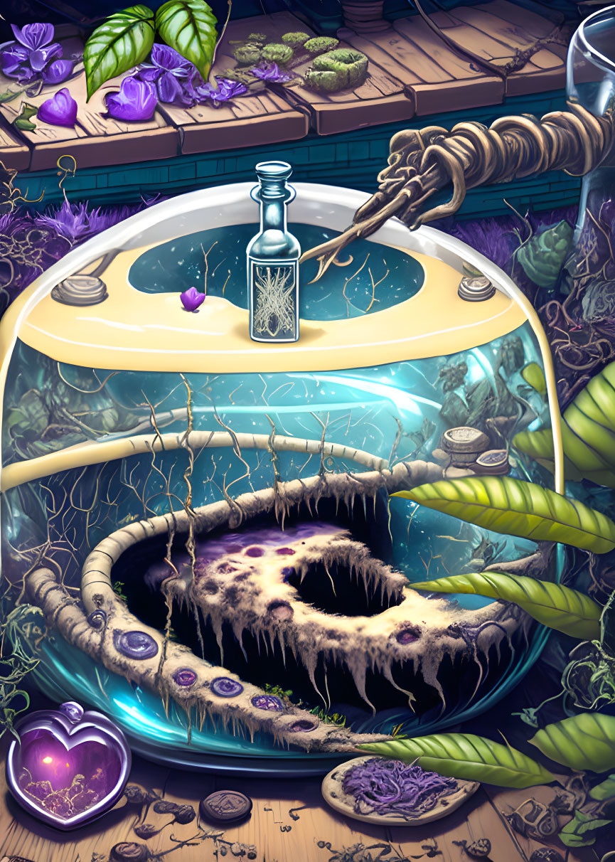 Fantasy lab with glowing terrarium, mystical plants, potion bottles, purple butterfly, and cryptic