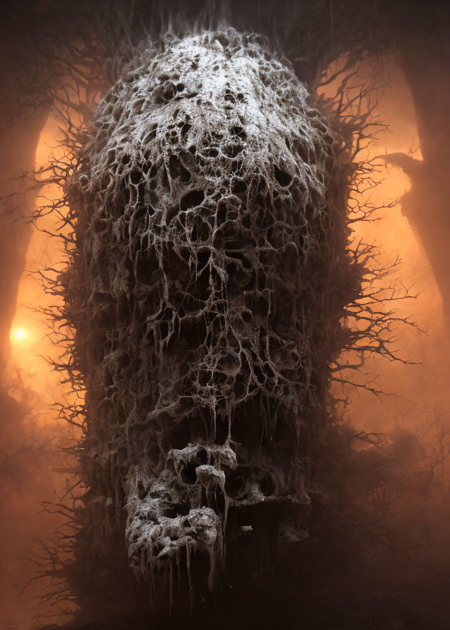 Mysterious cocoon structure in foggy forest with glowing lights