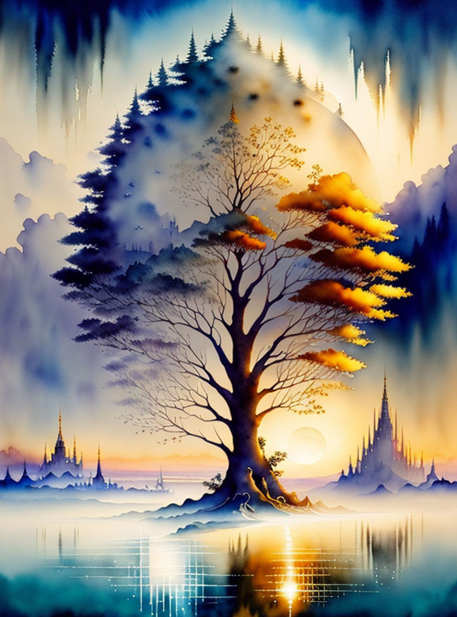 Surreal autumn tree silhouette painting with luminous sunset and fantasy spires