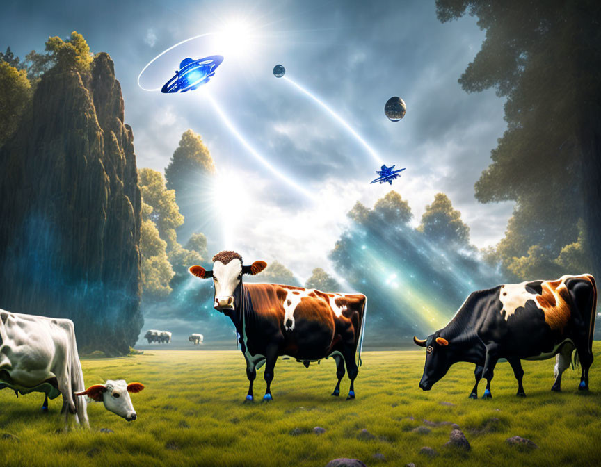 Cows grazing in field with futuristic spaceships and dramatic sky