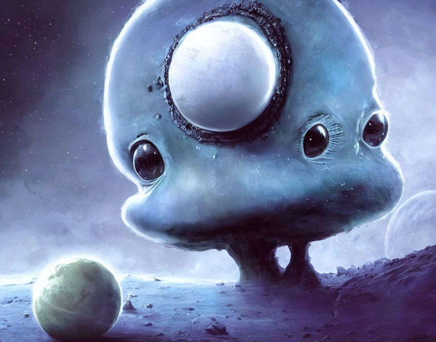 Illustration: Large-eyed alien creature on barren alien landscape