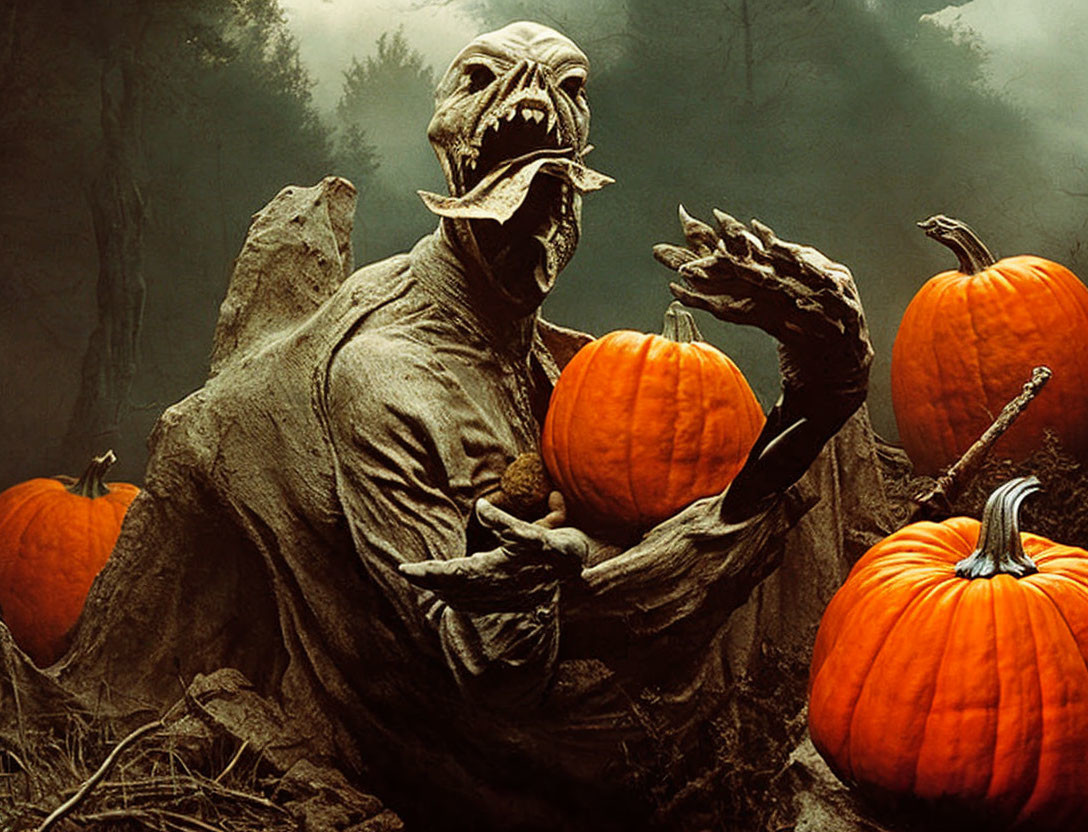 Spooky Halloween scene: skeletal creature in foggy forest with pumpkins