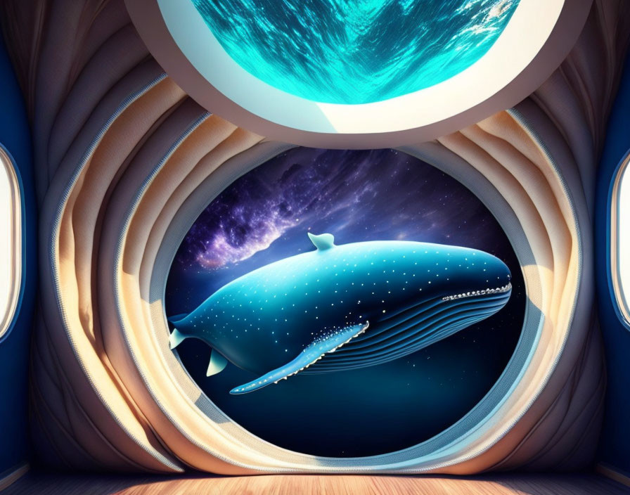 Surreal interior with wooden panels, portholes, digital whale display, and water vortex ceiling