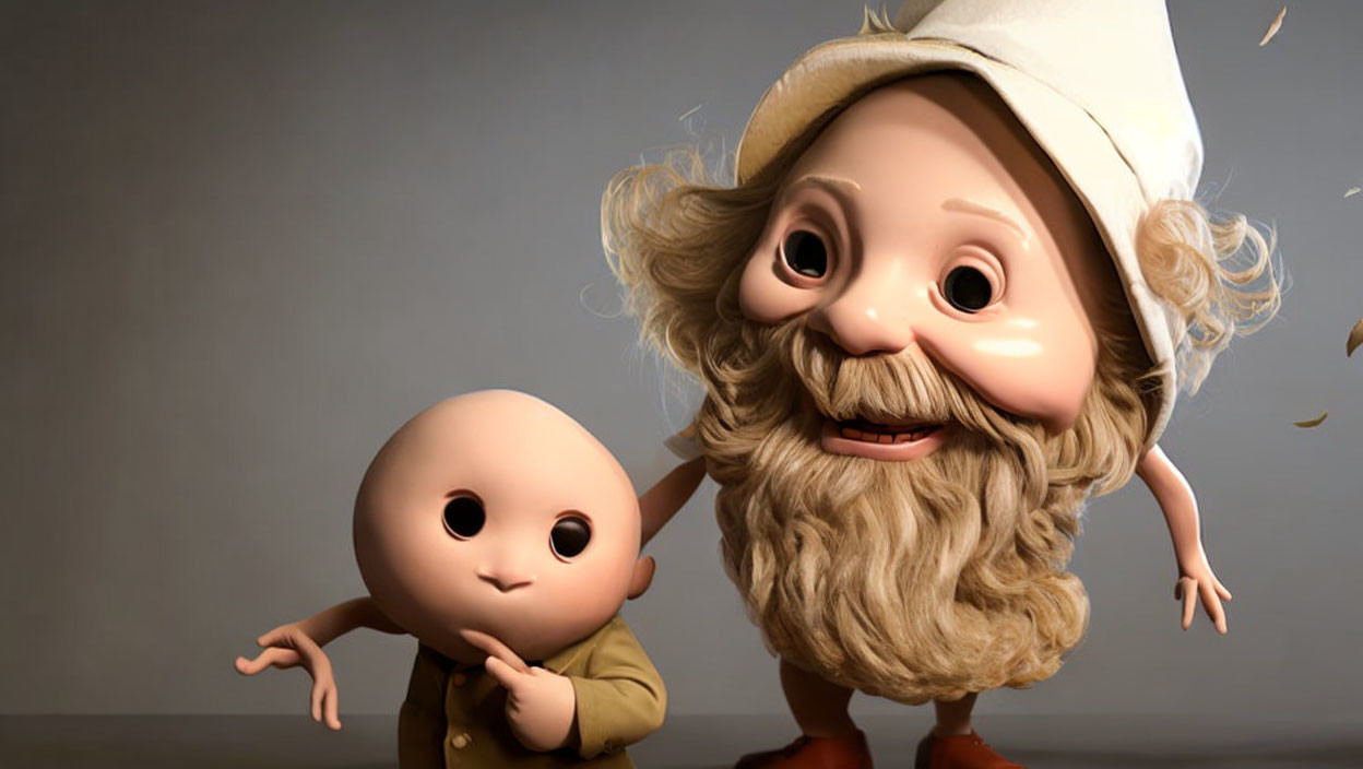 Elderly gnome and baby-like characters in friendly pose