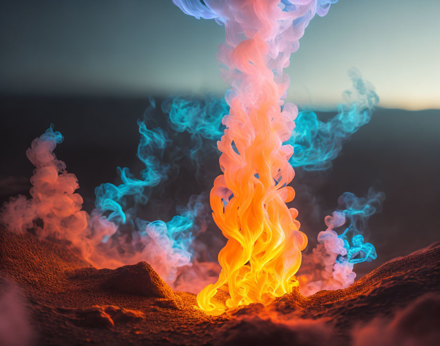 Vibrant Orange and Blue Flame on Sandy Surface at Dusky Sky