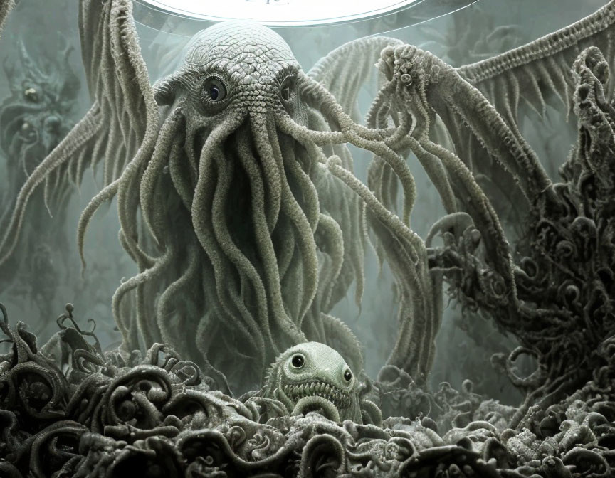 Fantastical octopus-like creature with multiple tentacles and round-eyed being in misty environment