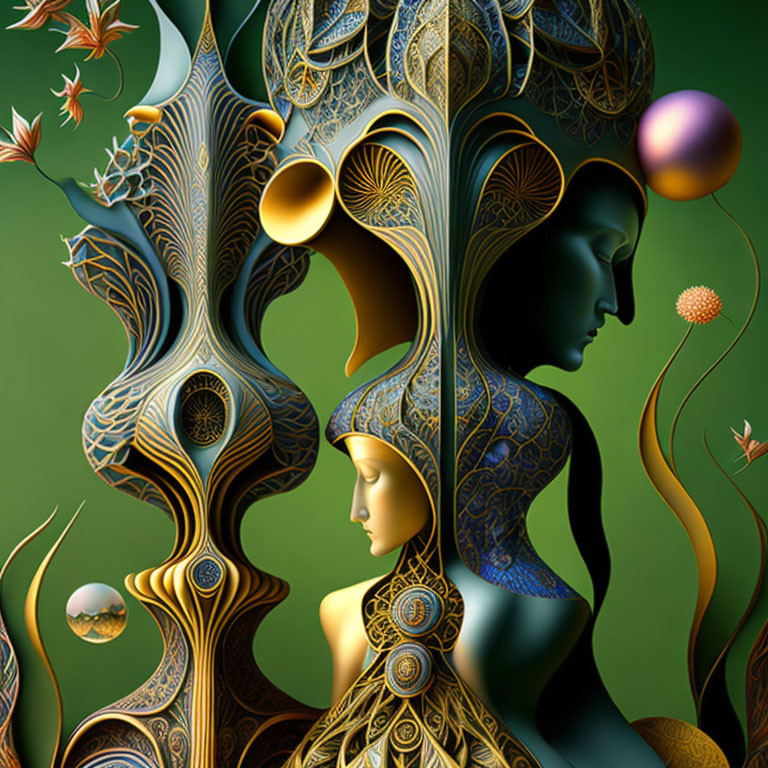 Detailed digital artwork: stylized human profiles with ornate patterns on green gradient background.