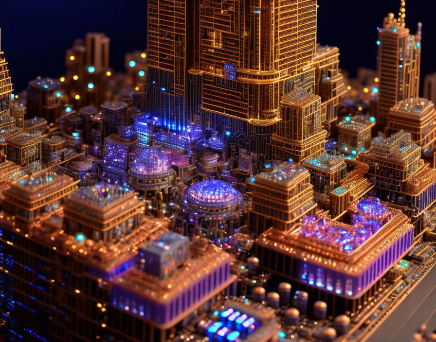 Nighttime miniature cityscape with illuminated skyscrapers and futuristic urban buildings.