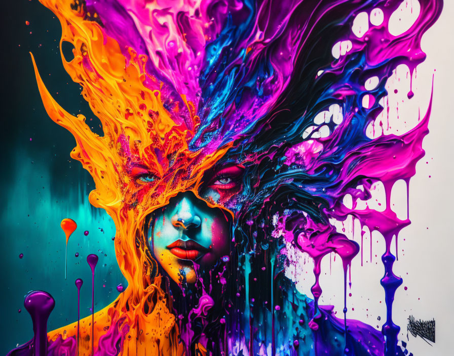 Colorful Human Face Artwork with Dynamic Paint Splashes in Blue, Purple, Pink, Orange,