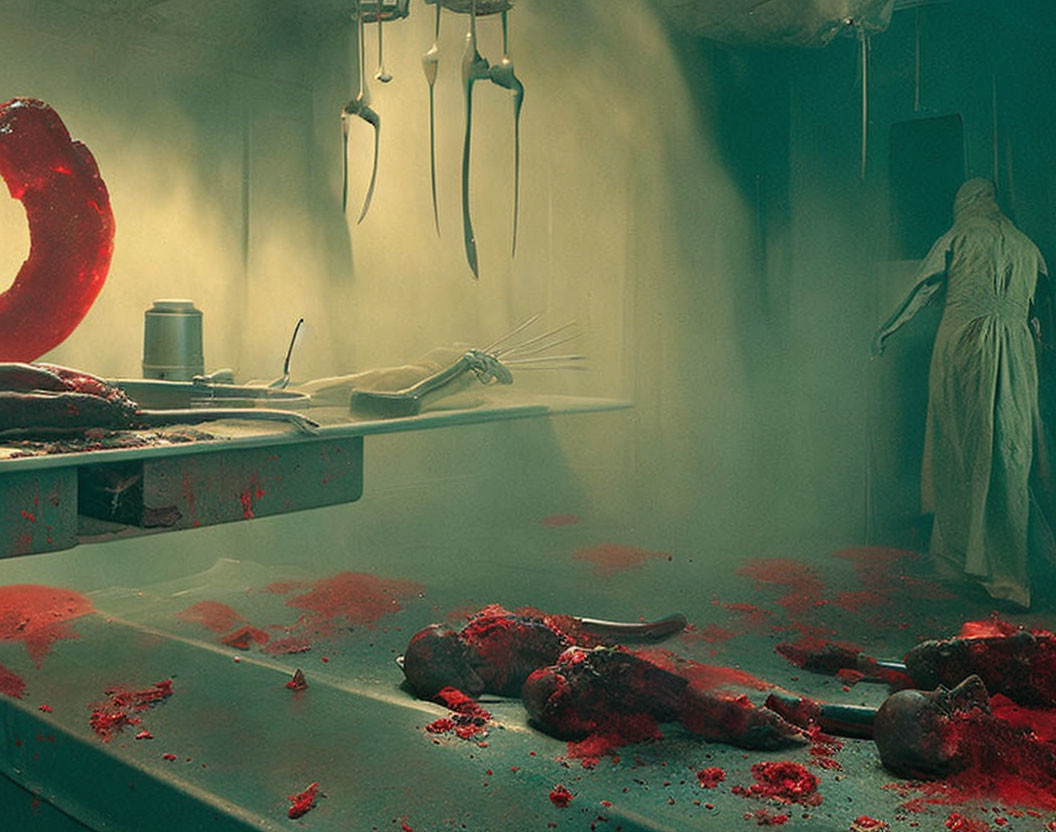 Messy Butchery Scene with Person Cleaning in Protective Suit