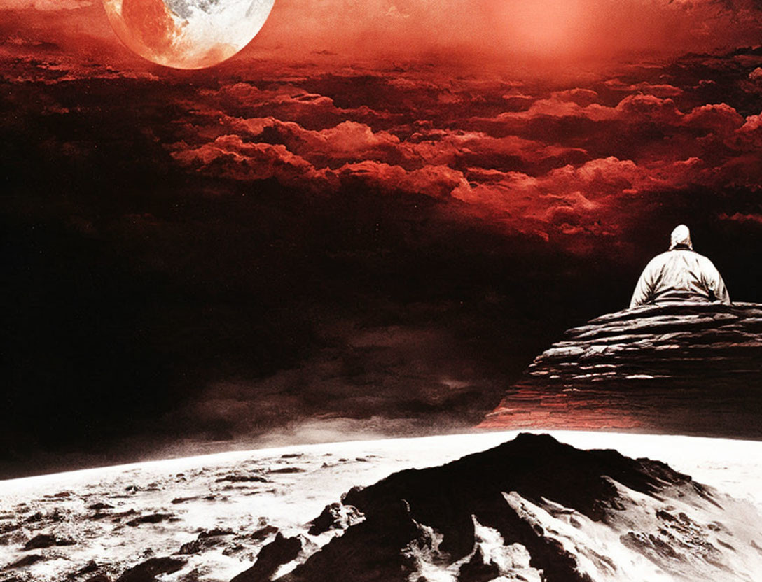 Solitary figure gazes at red moon in surreal landscape