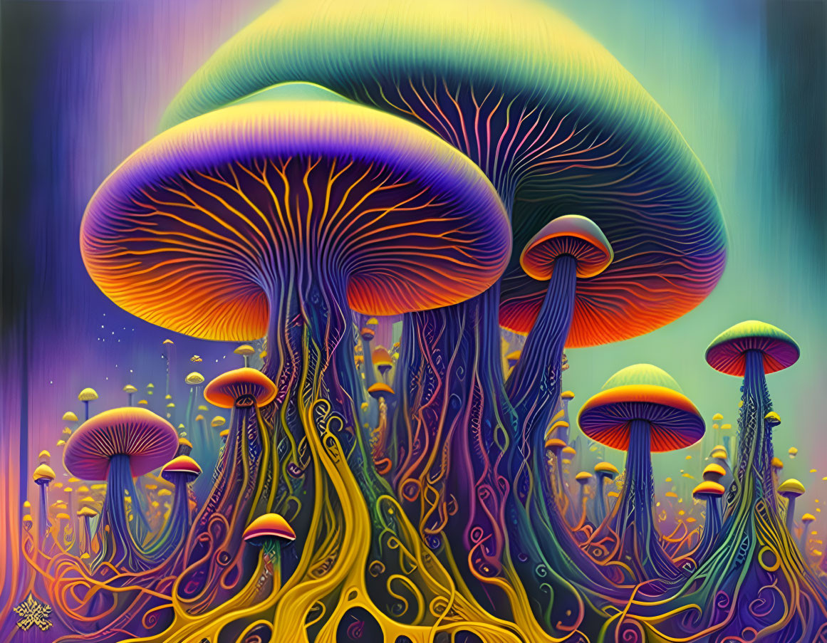 Colorful Psychedelic Mushroom Illustration with Swirling Patterns