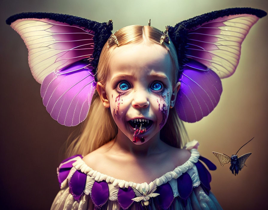 Young girl transformed into fantastical creature with butterfly wings and menacing expression