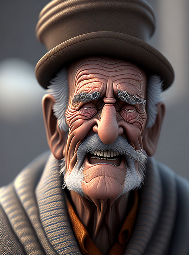 Elderly animated character in tweed suit with mustache and glasses