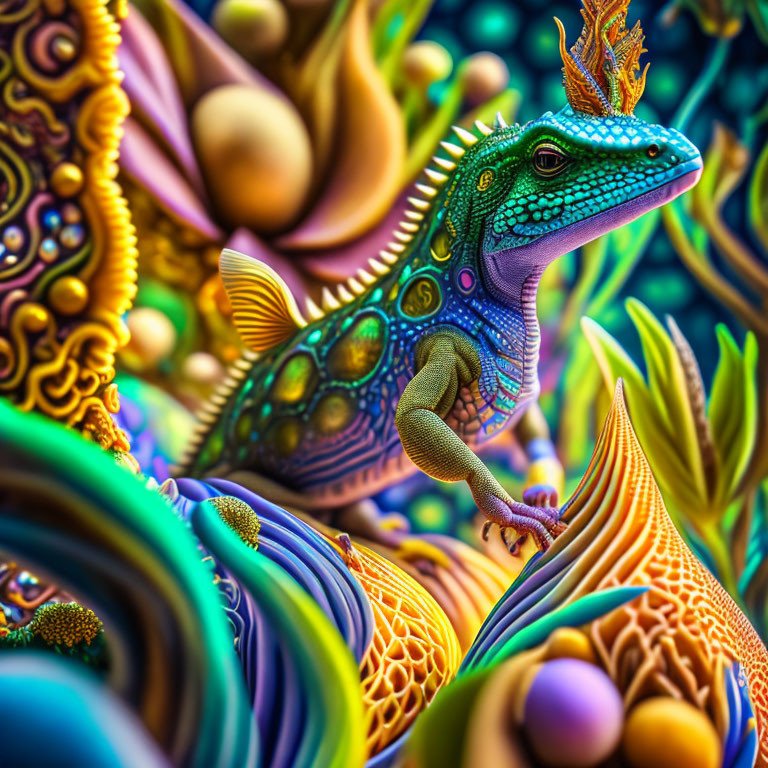 Colorful Digital Art: Stylized Lizard with Intricate Patterns