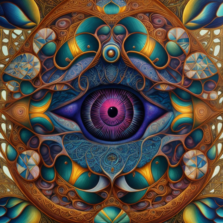 Symmetrical fractal eye surrounded by vibrant feather-like patterns