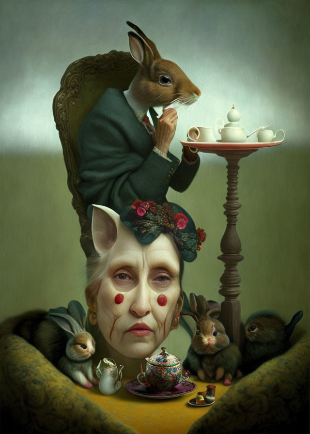 Surreal painting: person with rabbit head sipping tea in bunny-filled scene