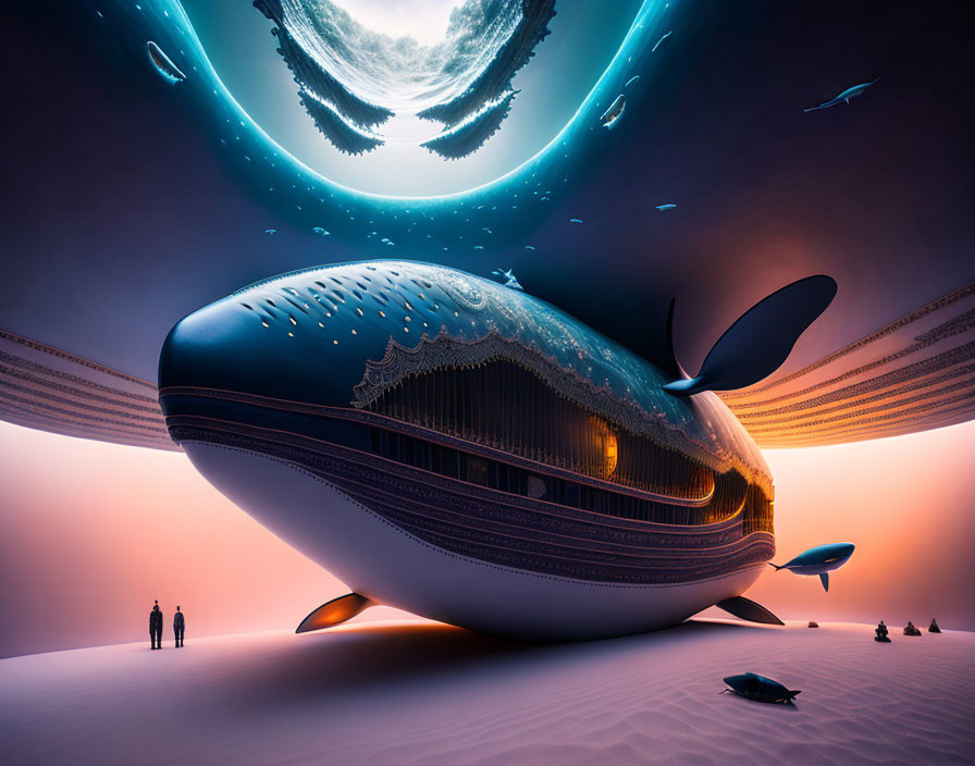 Gigantic whale-shaped airship over desert with figures under fantastical sky