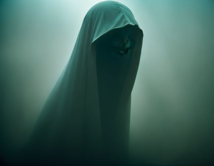 Silhouette of person in ghostly sheet in misty, dimly lit setting