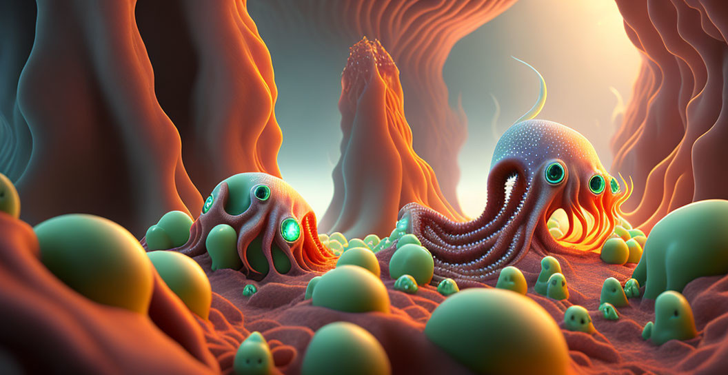 Alien landscape with tentacled creatures, glowing eggs, and vibrant structures